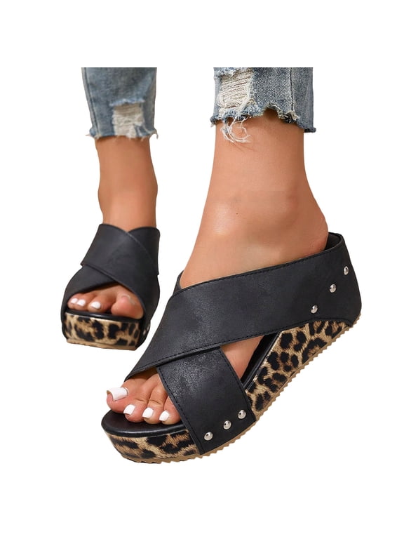 Women's Platform Wedge Sandals Leopard Print Cork Footed Slide Lightweight Dressy Walking Shoes for All Day Black Size 7