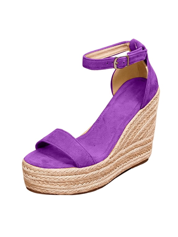 Women's Platform Wedge Sandals Lightweight Suede Wide Width Non Slip Walking Shoes with Buckle Ankle Strap Purple Size 8.5
