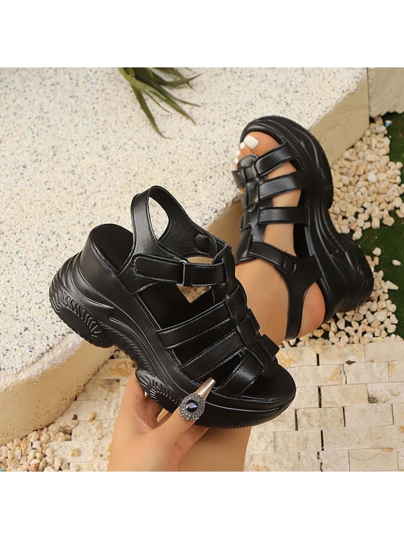 Women 's Platform Wedge Sandals Open Toe Adjustable Ankle Strap Chunky Heel Womens Platform Chunky Heels Sandals Gladiator Ankle Strap Heels Lug Sole Black Women Sandal