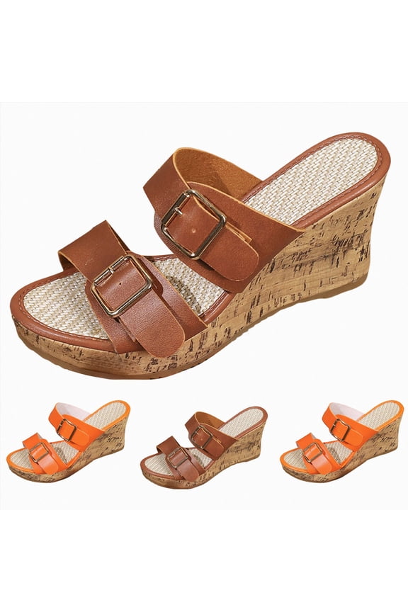 Women's Platform Wedge Sandals Open Toe Cork Heels Comfortable Slip on Platform Slides Casual Dressy Summer Beach Vacation Shoes Orange Size 8.5