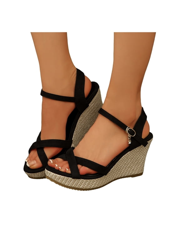 Women's Platform Wedge Sandals Open Toe Espadrille Strappy Sandal Breathable Buckle Ankle Strap Dressy Shoes Black Size 8.5