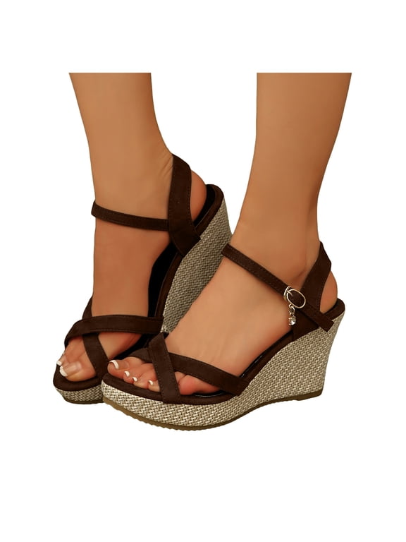 Women's Platform Wedge Sandals Open Toe Espadrille Strappy Sandal Breathable Buckle Ankle Strap Dressy Shoes Brown Size 6