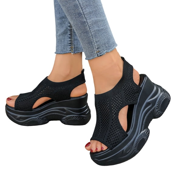 Women's Platform Wedge Sandals Open Toe Hollow out Mesh Slip on Casual Orthopedic Walking Shoes Lightweight Chunky Heels Black Size 7