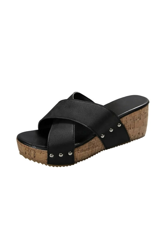 Women's Platform Wedge Sandals Open Toe Slip On Slides Cork Heeled Cutout Comfortable Slide Sandals Casual Dressy Summer Shoes Black Women Sandal