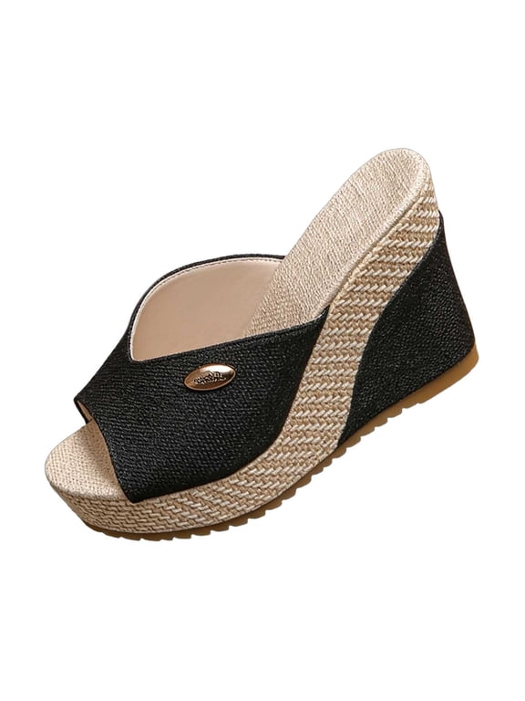 Women's Platform Wedge Sandals Open Toe Slip on Slides Comfortable Summer Canvas Shoes Black 8.5(41)