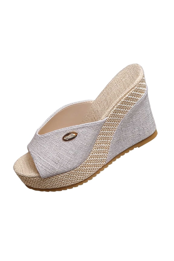 Women's Platform Wedge Sandals Open Toe Slip on Slides Comfortable Summer Canvas Shoes Silver 6(37)