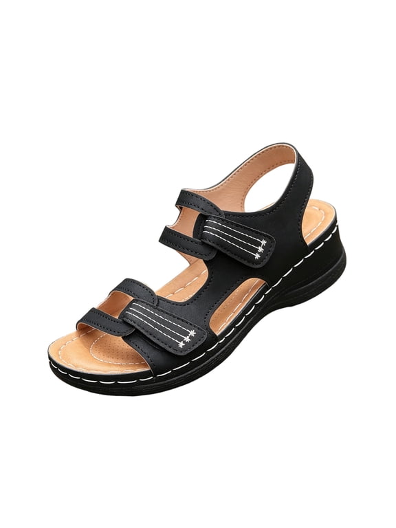 Women's Platform Wedge Sandals with Orthopedic Comfort Flex Cushioning Hook and Loop Fasteners Arch Support Wide Fit Summer Walking Travel Dressy Sport Shoes for Women,Black 38(US-7)