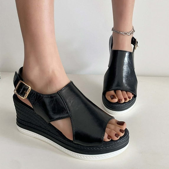 Women's Wedge Sandals Strappy Summer Sandals Dressy Black 6.5
