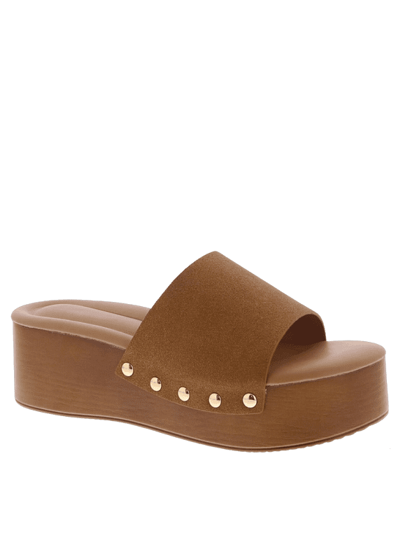 Women’s Platform Wedge Slide Sandals Cushioned Open Toe Slip On with Studded Strap
