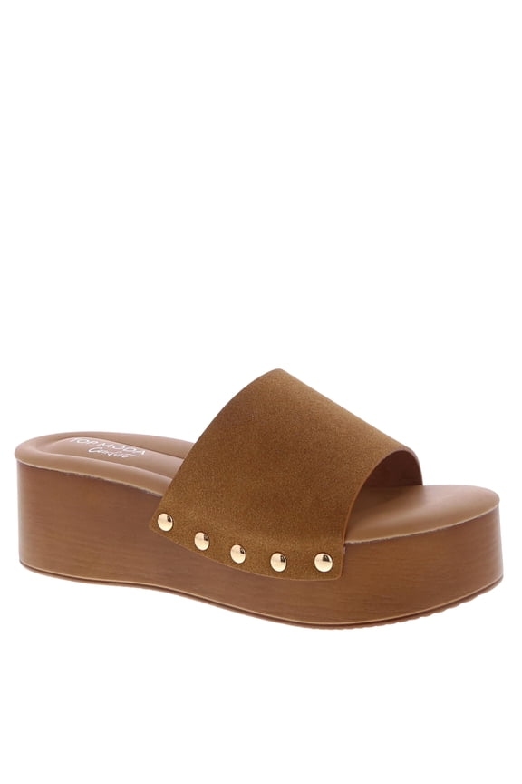 Women’s Platform Wedge Slide Sandals Cushioned Open Toe Slip On with Studded Strap