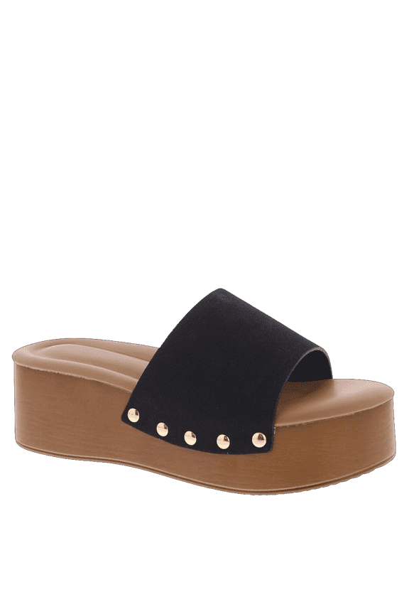 Women’s Platform Wedge Slide Sandals Cushioned Open Toe Slip On with Studded Strap