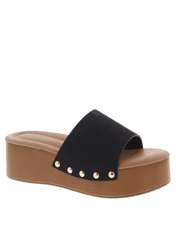 Women’s Platform Wedge Slide Sandals Cushioned Open Toe Slip On with Studded Strap