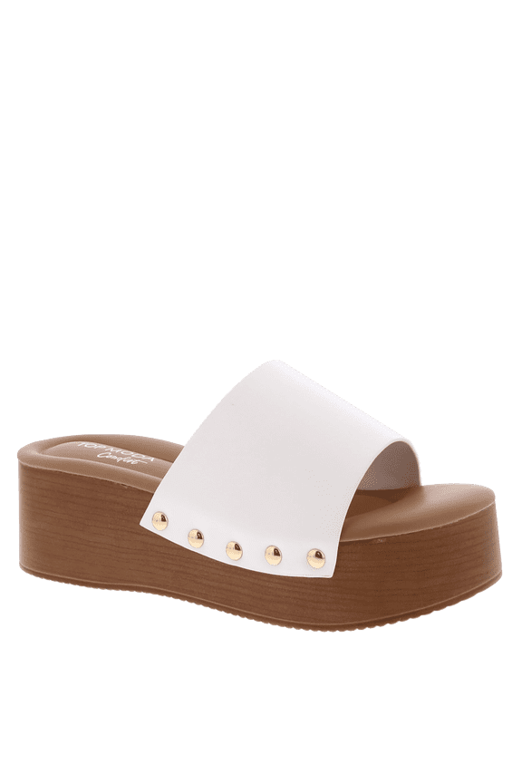 Women’s Platform Wedge Slide Sandals Cushioned Open Toe Slip On with Studded Strap