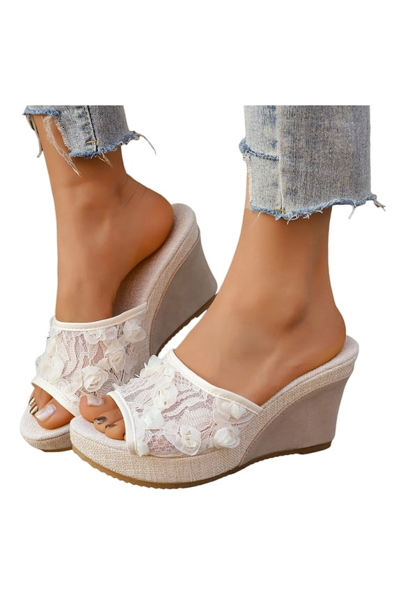 Women's Platform Wedge Slides with Arch Support Trendy Denims Slip on Walking Sandals High Top Open Toe Wedges Slide Shoes White 9