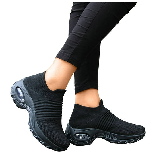 Women's Platform Wedge Slip On Sneakers Breathable Non Slip Running Shoes Lightweight Knit Orthopedic Shoes Black Size 7.5