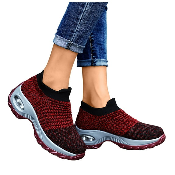 Women's Platform Wedge Slip On Sneakers Breathable Non Slip Running Shoes Lightweight Knit Orthopedic Shoes Red Size 6.5