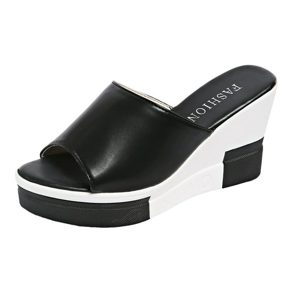 Women's Platform Wedge Slip on Dressy High Heels Slides Fashion Leather Open Toe Sandals for Women
