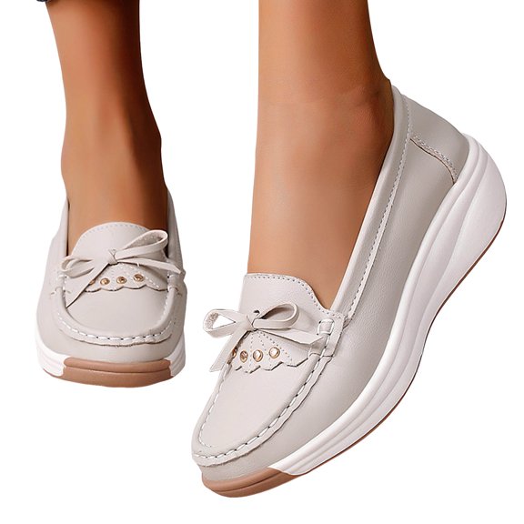 Women's Platform Wedge Slip on Penny Loafers Bow Casual Leather Chunky Walking Shoes for Work Spring Fall