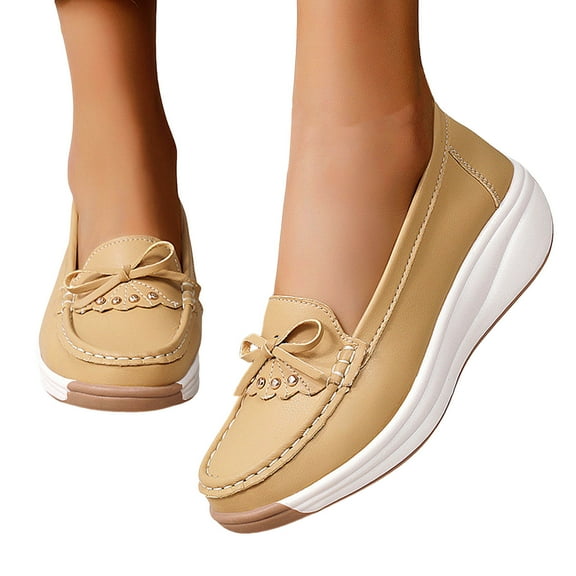 Women's Platform Wedge Slip on Penny Loafers Bow Casual Leather Chunky Walking Shoes for Work Spring Fall
