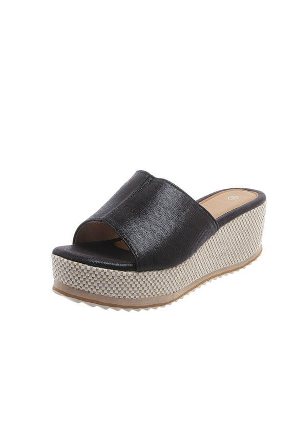 Women's Wedge Slippers Summer Open Toe Slip On Shoes Comfortable Espadrille Wedge Heels Sandals Black 40