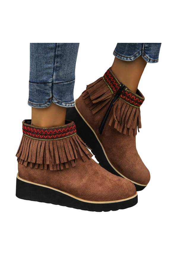 Women's Platform Wedge Suede Ankle Boots Winter Warm Comfortable Non Slip Fringe Short Dress Booties
