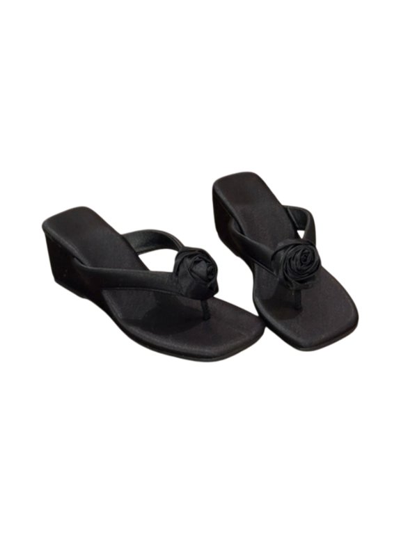 Women’s Platform Wedge Thong Sandals with Rose Flower Accent, Open Toe Slip On Heels