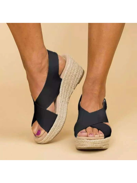 Women's Platform Wedges Sandals Open Toe Buckle Slingback Espadrilles Cross Band Slip-on High Heels