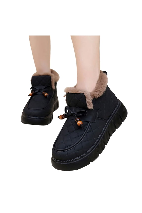 Women's Platform Winter Boots Cute Beaded Bow High Top Slip on Platform Snow Booties Casual Cold Weather Warm Loafers Black Size 9.5