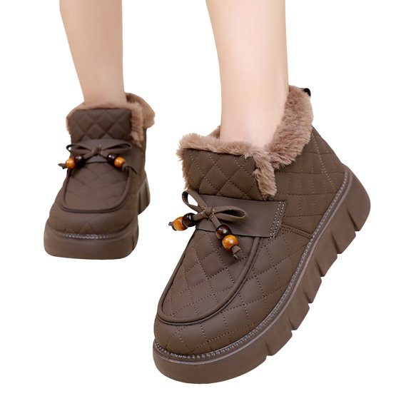 Women's Platform Winter Boots Cute Beaded Bow High Top Slip on Platform Snow Booties Casual Cold Weather Warm Loafers Brown Size 4.5