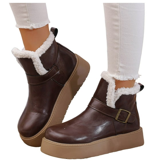 Women's Platform Winter Snow Boots Fashion Leather Chunky Footbed Fleece Lined Warm Ankle Booties for Women