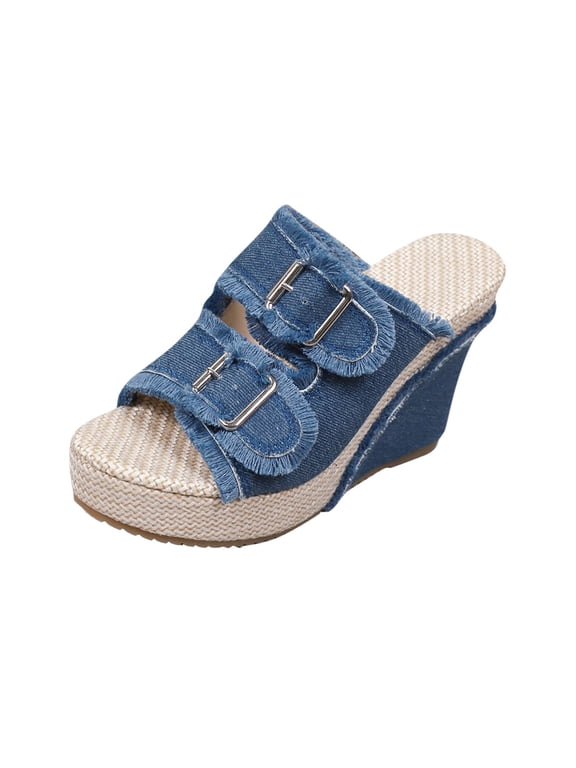 Women's Platform wedge heel Denim Slide Sandals Arch Support Adjustable Double Buckle Slip On Open Toe Sandals Summer Casual Beach Sandals Blue Women Sandal