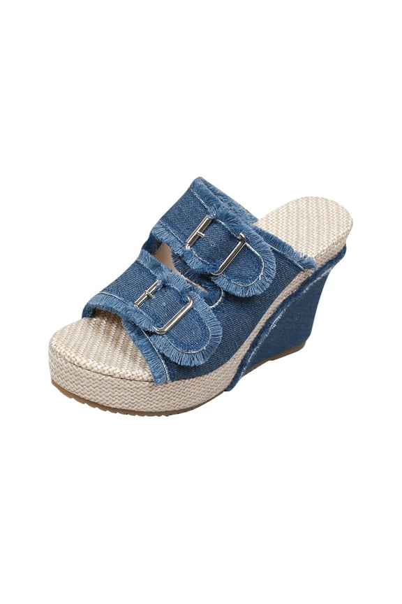 Women's Platform wedge heel Denim Slide Sandals Arch Support Adjustable Double Buckle Slip On Open Toe Sandals Summer Casual Beach Sandals Blue Women Sandal