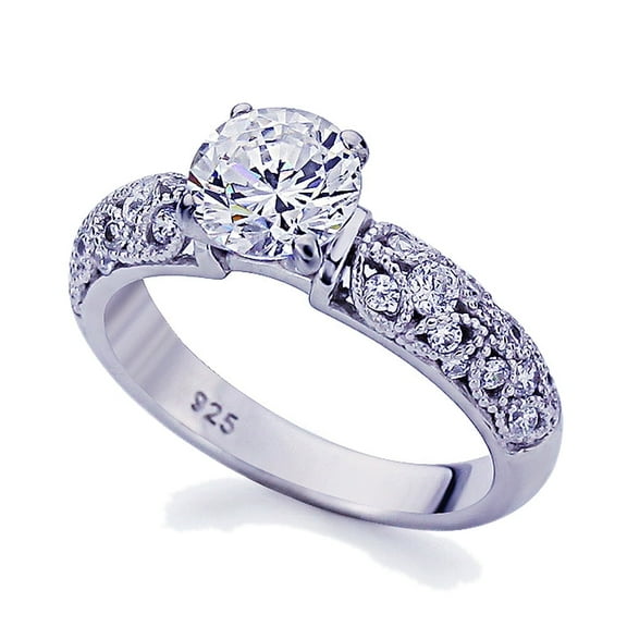 Women's Platinum Plated Sterling Silver 1.5ct Round CZ Vintage Wedding Engagement Ring ( Size 5 to 9 )