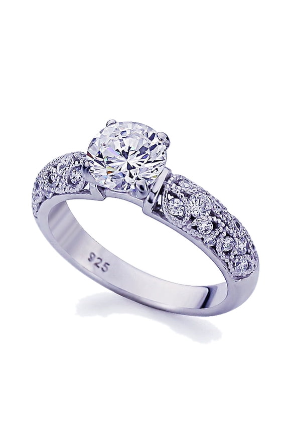 Women's Platinum Plated Sterling Silver 1.5ct Round CZ Vintage Wedding Engagement Ring ( Size 5 to 9 )