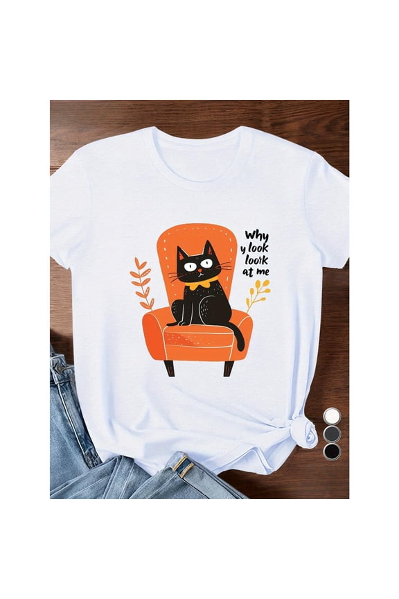 Women's Playful Cat Lover Tee - 'Curious Kitty' Amusing Design on 100% Cotton, Comfortable Crew Neck Casual Top