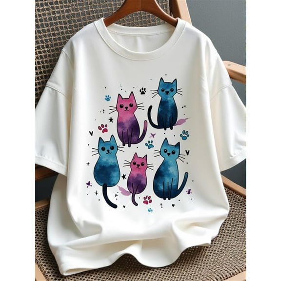 Women's Playful Cat Lover Tee - Pastel Feline & Paw Print Design on 100% Cotton, Comfortable Relaxed Fit for All-Season Wear