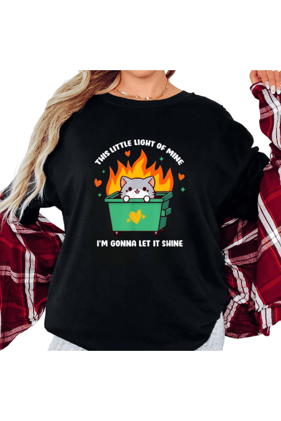 Women's Playful Dumpster Fire Cat This Little Light Of Mine Humorous Graphic Comfortable Short Sleeve Round Neck Top Black S-5XL