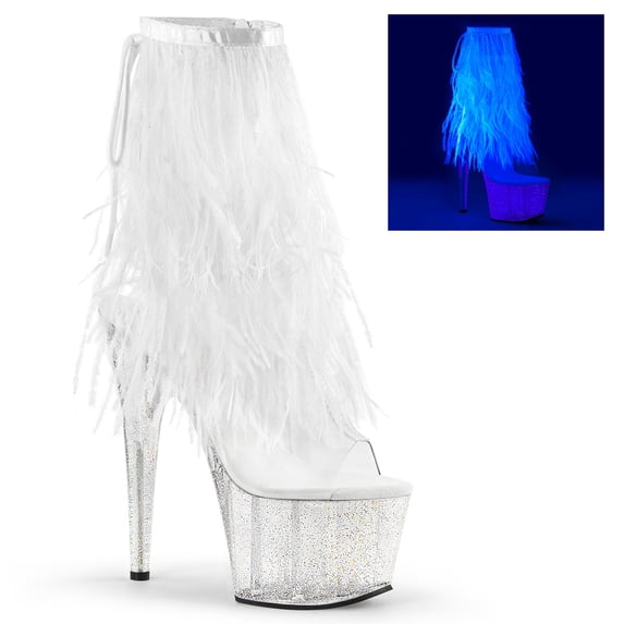 7" Heel, 2 3/4" PF Marabou Fur Fringe Ankle Boot, Side Zip - Clr-Wht Marabou/Clr-Gltr, 5