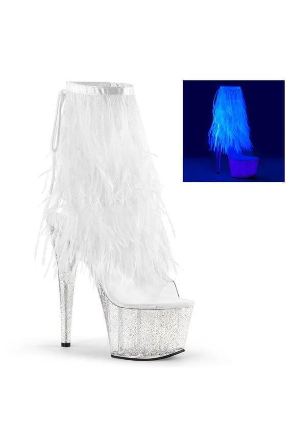 7" Heel, 2 3/4" PF Marabou Fur Fringe Ankle Boot, Side Zip - Clr-Wht Marabou/Clr-Gltr, 11