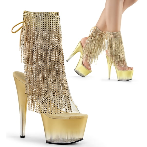 7" Heel, 2 3/4" PF Open Toe/Heel Lace-Up Fringe Ankle Boot - Clr-Gold/Gold, 7
