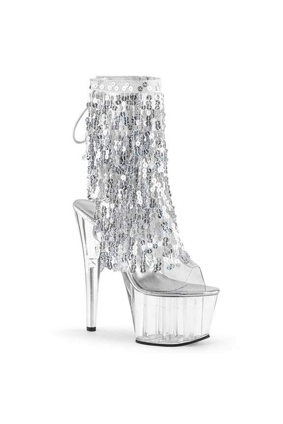 7" Heel, 2 3/4" PF Sequins Fringe Ankle Boot, Side Zip - Clr-Sliver Holo/Clr, 11