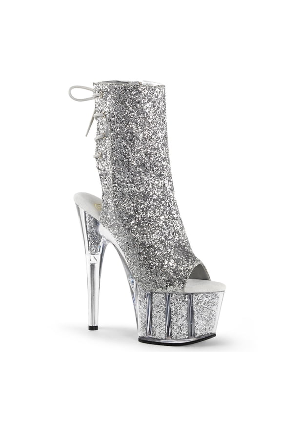 7" Heel, 2 3/4" PF Glitter Ankle Boot, Side Zip - Slv Glitter/Slv Glitter, 10