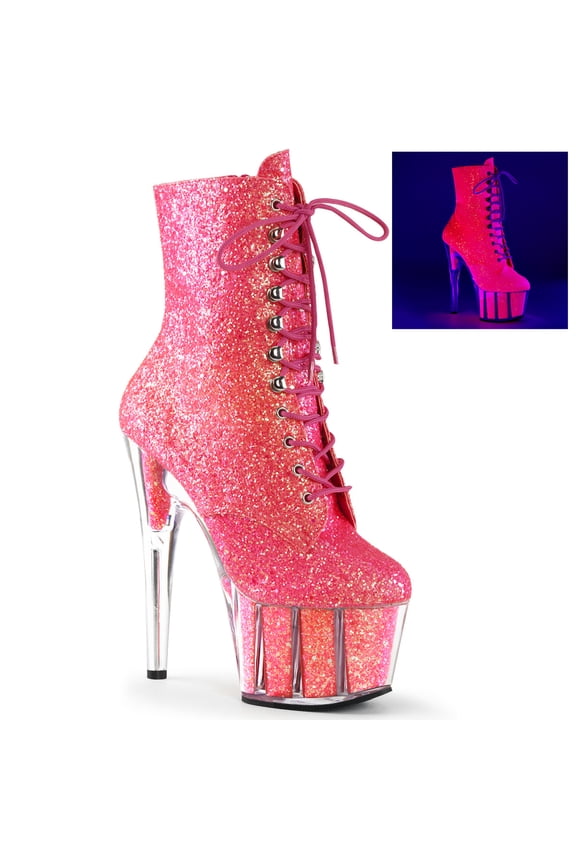 7" Heel, 2 3/4" PF Glitter Ankle Boot, Blacklight Reactive - Neon Pink Glitter/Neon Pink Glitter, 8