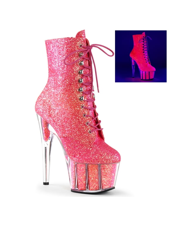 7" Heel, 2 3/4" PF Glitter Ankle Boot, Blacklight Reactive - Neon Pink Glitter/Neon Pink Glitter, 12
