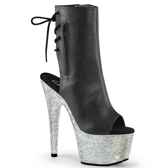 7" Heel, 2 3/4" PF Open Toe/Heel Ankle Boot w/RS, Side Zip - Blk Faux Leather/Slv Multi RS, 5