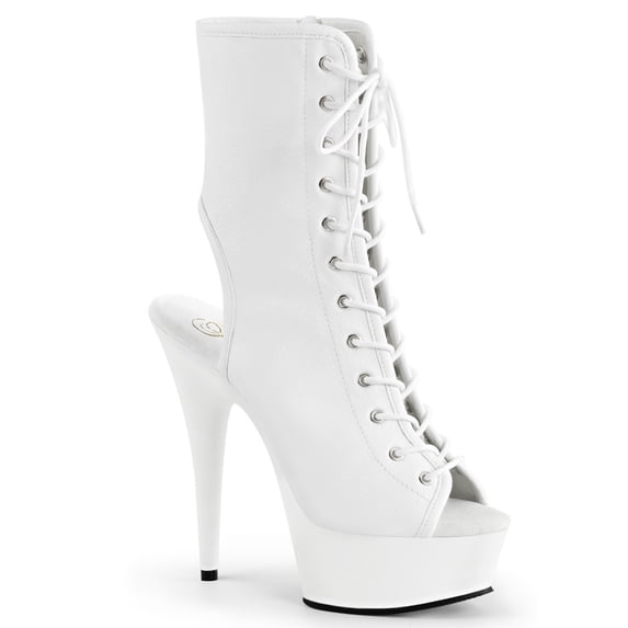 6" Heel, 1 3/4" PF Open Toe/Back Lace-Up Bootie, Side Zip - Wht Faux Leather/Wht, 7