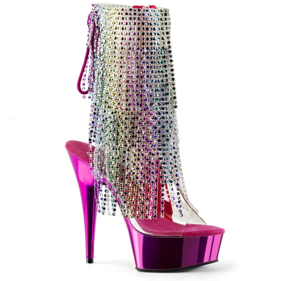*6" Heel, 1 3/4" PF Open Toe/Heel Lace-Up Fringe Ankle Boot - Clr-Multi/Fuchsia Chrome, 10