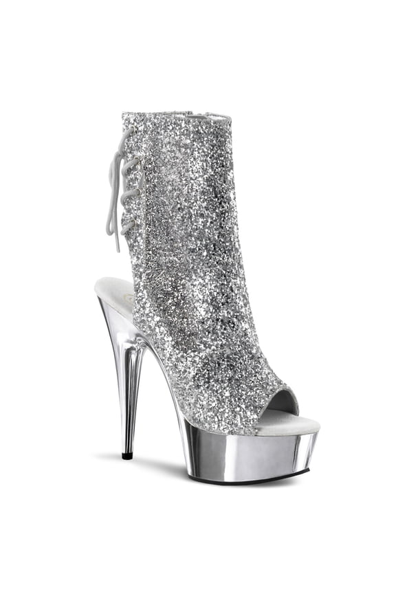 6" Heel, 1 3/4" PF Open Toe/Heel Ankle Boot, Side Zip - Slv Gltr/Slv Chrome, 10