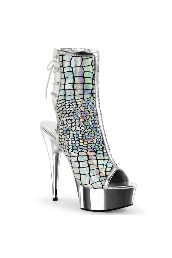 6" Heel, 1 3/4" PF Open Toe/Heel Ankle Boot, Side Zip - Slv Hologram Ostrich Pu/Slv Chrome, 6