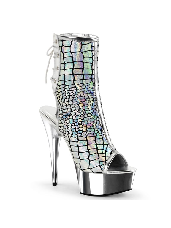 pleaser del1018hg/spu/sch women's boot, silver hologram ostrich polyurethane/silver chrome, 6 m us